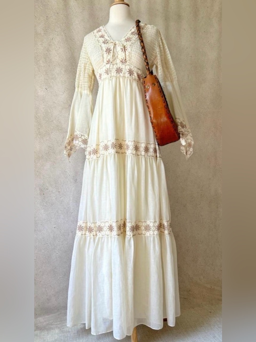 Vintage 70’s Gauzy Cotton & Lace flared sleeve maxi dress.